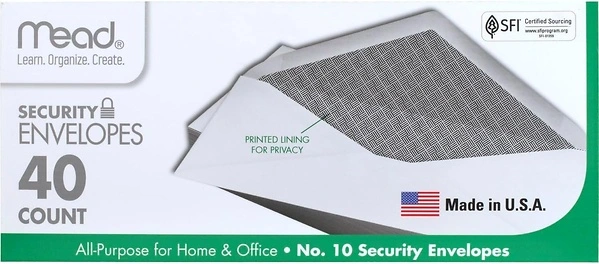 Mead #10 Envelopes, Letter Size, 4-1/8" x 9-1/2", Security Printed, 40 Count