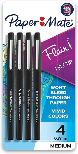 Paper Mate Flair Felt Tip Pens, Medium Point (0.7mm), Black, 4 Count