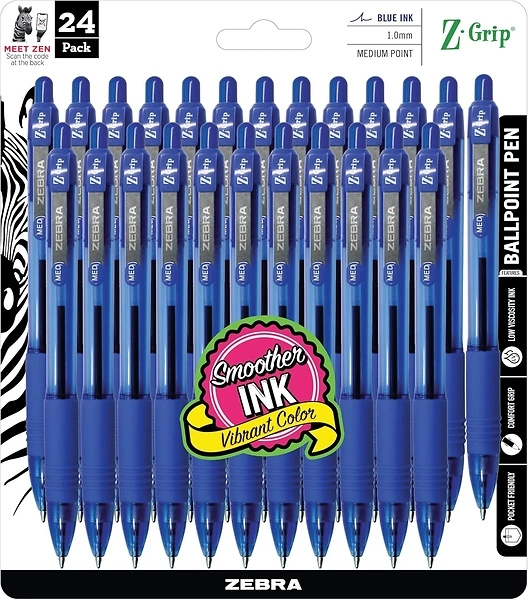 Zebra Pen Z-Grip Retractable Ballpoint Pen, Medium Point, Blue Ink, 24-Pack, Model Number: 12225