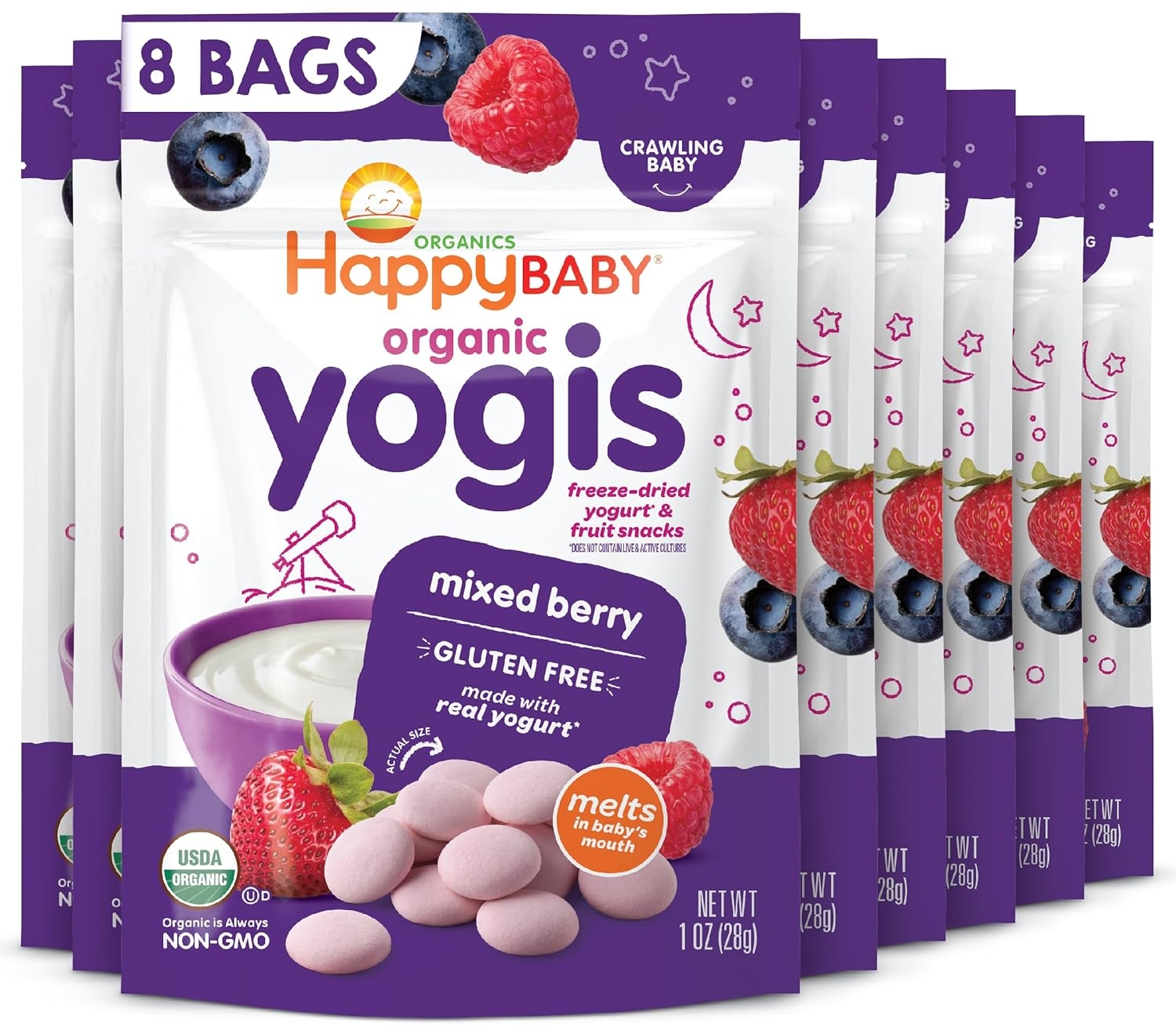Happy Tot Organics Yogis Freeze-Dried Yogurt & Fruit Snacks, Mixed Berry, 8 Count
