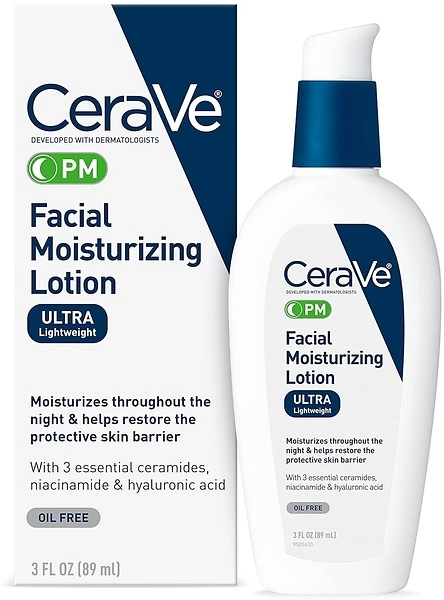 CeraVe PM Facial Moisturizing Lotion Night Cream, Hyaluronic Acid, Niacinamide, 3 oz