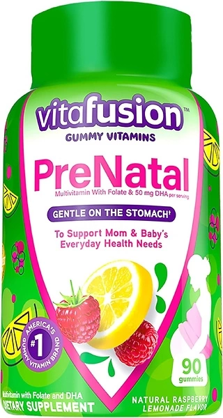Vitafusion PreNatal Gummy Vitamins, Raspberry Lemonade, Folate and DHA, 90 Count