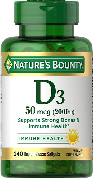 Nature's Bounty Vitamin D3, Immune and Bone Support, 2000 IU, 240 Softgels