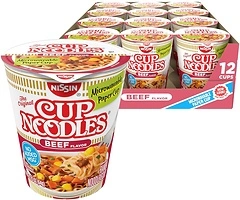 Nissin Cup Noodles Soup, Beef Flavor, Microwaveable Cups, 2.25 Ounce, 12 Pack