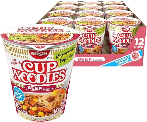 Nissin Cup Noodles Soup, Beef Flavor, Microwaveable Cups, 2.25 Ounce, 12 Pack