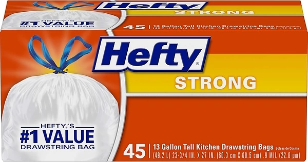 Hefty Strong Tall Kitchen Trash Bags, Unscented, 13 Gallon, 45 Count