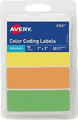 Avery Color-Coding Removable Labels, 1" x 3", Assorted Neon Colors, Non-Printable, 72 Blank Labels Total (6722)
