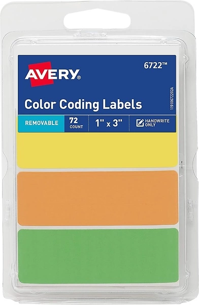 Avery Color-Coding Removable Labels, 1" x 3", Assorted Neon Colors, Non-Printable, 72 Blank Labels Total (6722)