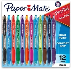 Paper Mate Profile Retractable Ballpoint Pens, Bold (1.4mm), Assorted Colors, 12 Count