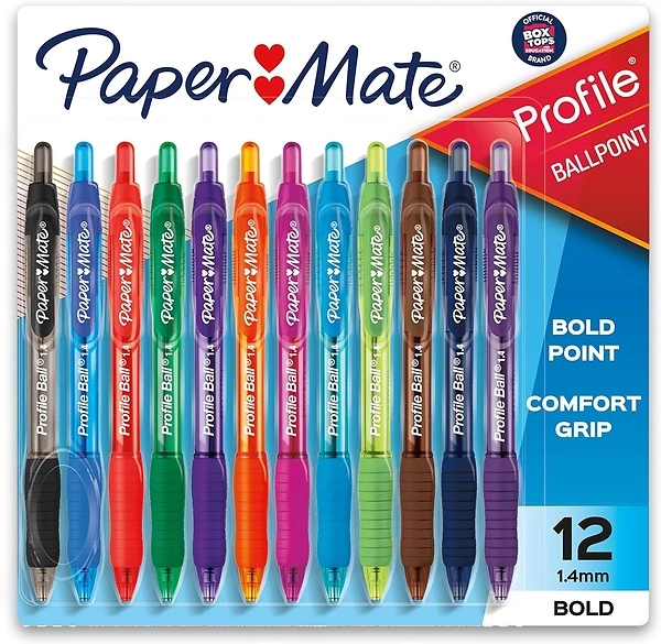 Paper Mate Profile Retractable Ballpoint Pens, Bold (1.4mm), Assorted Colors, 12 Count