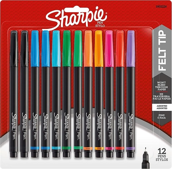 Sharpie Fine Point Felt Tip Pens, Assorted Colors, 12 Count