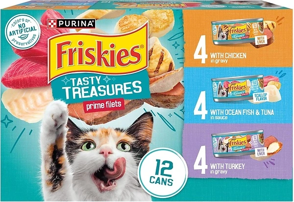 Purina Friskies Wet Cat Food Variety Pack, Tasty Treasures, 12 Cans, 5.5 oz.