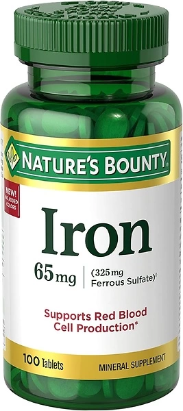 Nature's Bounty Iron 65mg, 325 mg Ferrous Sulfate, 100 Tablets