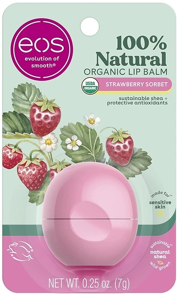 eos 100 Natural & Organic Lip Balm- Strawberry Sorbet, All-Day Moisture, Dermatologist Recommended for Sensitive Skin, Lip Care Products, 0.25 oz