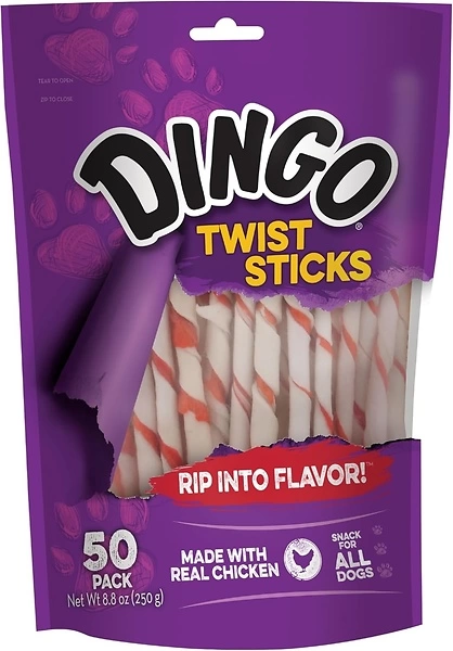 Dingo Twist Sticks Rawhide Chews, Made With Real Chicken, 50 Count