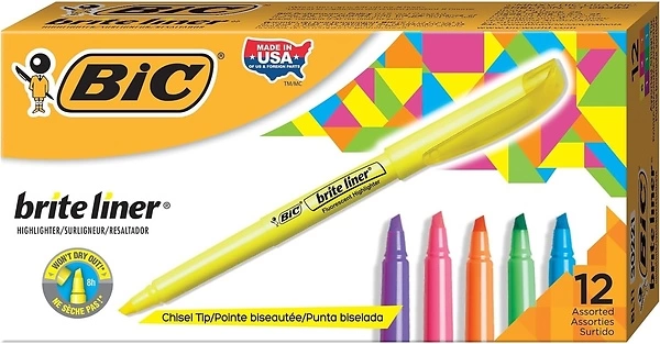 BIC Brite Liner Highlighters, Chisel Tip, Assorted Colors, 12 Count