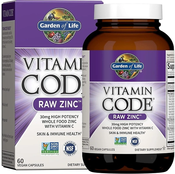 Garden of Life Zinc Supplements 30mg Raw Zinc & Vitamin C, 60 Vegan Capsules