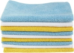 Amazon Basics Microfiber Cleaning Cloths, Pack of 24, Blue/White/Yellow, 16" x 12"