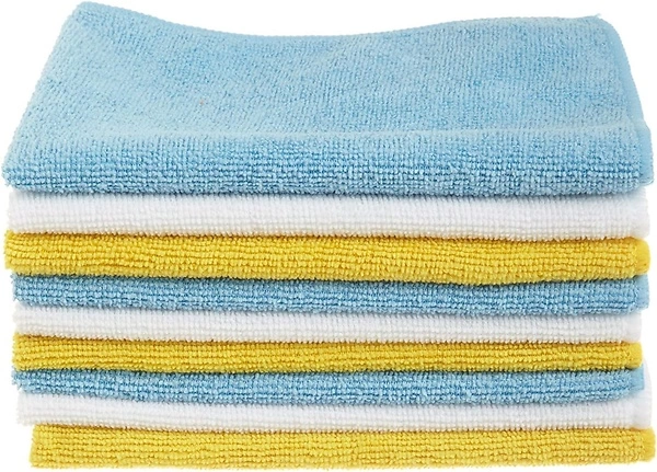 Amazon Basics Microfiber Cleaning Cloths, Pack of 24, Blue/White/Yellow, 16" x 12"