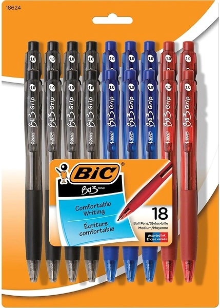 BIC BU3 Grip Retractable Ballpoint Pen, Medium Point (1.0mm), 18-Count
