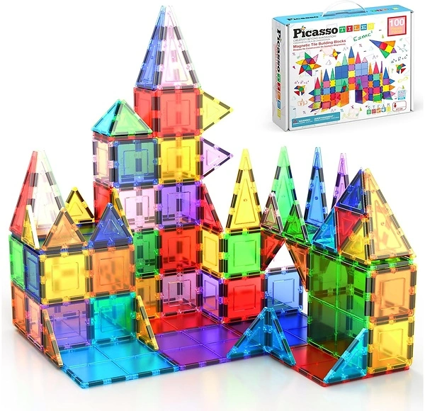 PicassoTiles 100 Piece Magnet Building Tiles, Clear Magnetic 3D Blocks