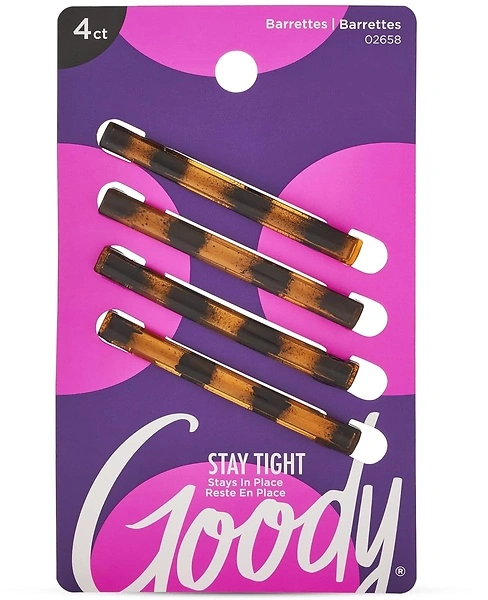 Goody Stay Tight Hair Barrettes, 4 Ct, Mock Tort, SlideProof Flat Clips