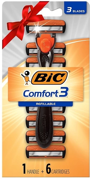 BIC Comfort 3 Razor for Men, Sensitive Skin, 1 Handle, 6 Cartridges, 7 Piece Set