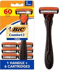 BIC Comfort 3 Razor for Men, Sensitive Skin, 1 Handle, 6 Cartridges, 7 Piece Set