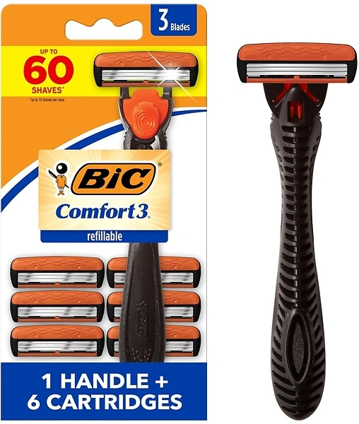 BIC Comfort 3 Razor for Men, Sensitive Skin, 1 Handle, 6 Cartridges, 7 Piece Set