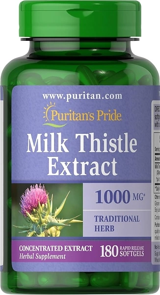 Puritan's Pride Milk Thistle 4:1 Extract 1000 Mg (Silymarin) Softgels, for Liver Support,180 Count