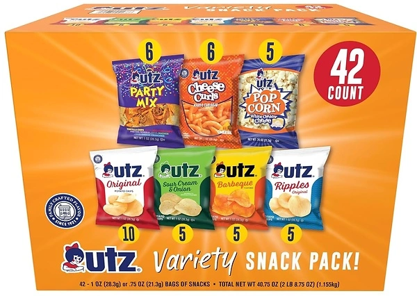 Utz Snack Variety Pack, Potato Chips, Cheese Curls, Popcorn, Party Mix, 42 Count