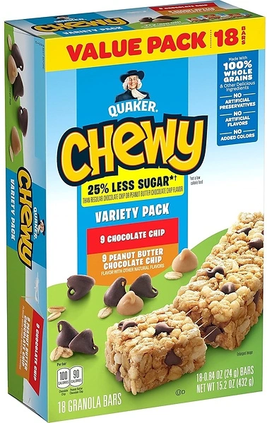 Quaker Chewy Granola Bars, 25 Less Sugar, 2 Flavor Variety Pack, (18 Pack)