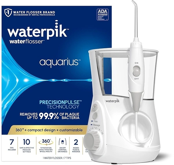 Waterpik Aquarius Water Flosser, 10 Settings, 7 Tips, ADA Accepted, White WP-660