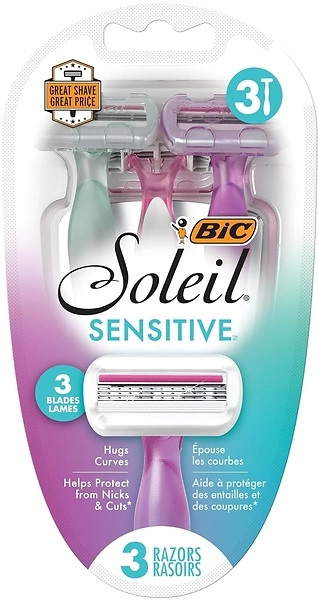 BIC Soleil Sensitive Women's Disposable Razors, 3 Blades With Moisture Strip For a Silky Smooth Shave, 3 Piece Razor Set