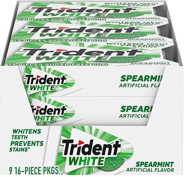 Trident White Spearmint Sugar Free Gum, 9 Pack of 16 Pieces (144 Total Pieces)
