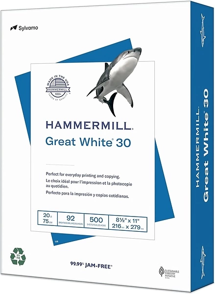 Hammermill Printer Paper, Great White 30 Recycled Paper, 8.5 x 11-1 Ream (500 Sheets) - 92 Bright, Made in the USA, 086710