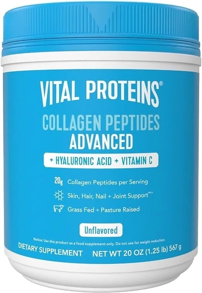 Vital Proteins Collagen Peptides Powder with Hyaluronic Acid and Vitamin C, Unflavored, 20 oz