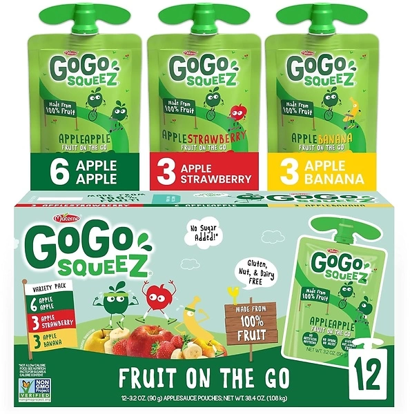 GoGo squeeZ Fruit on the Go Variety Pack, Apple, Banana & Strawberry, 12 Pack