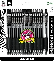Zebra Pen Z-Grip Retractable Ballpoint Pen, Medium Point, Black Ink, 18-Pack