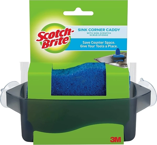 Scotch-Brite Sink Corner Caddy with Non-Scratch Scrub Sponge, Save Counter Space, Sponge Holder