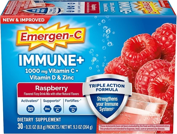 Emergen-C Immune+ Triple Action Powder, 1000mg Vitamin C, Raspberry, 30 Count