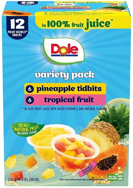 Dole Pineapple Tidbits and Tropical Fruit in 100% Juice, 12 Pack, 4 oz Bowls