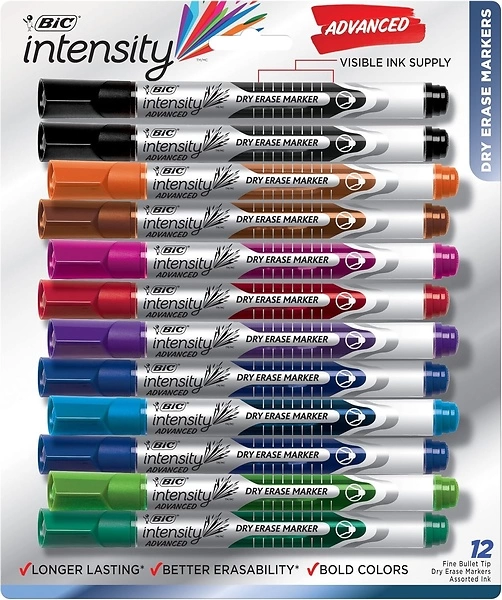 BIC Intensity Dry Erase Markers, Bullet Tip, 12-Count Assorted Colors