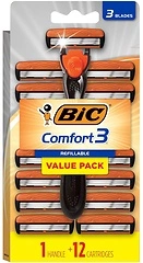 BIC Comfort 3 Refillable Disposable Razors for Men, 1 Handle and 12 Cartridges
