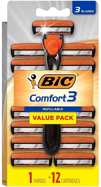 BIC Comfort 3 Refillable Disposable Razors for Men, 1 Handle and 12 Cartridges