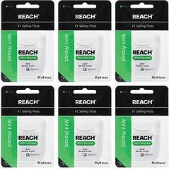 REACH Waxed Dental Floss, Mint, Plaque Remover, 6 Pack, 55 yd