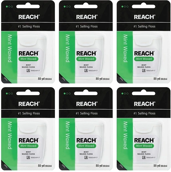 REACH Waxed Dental Floss, Mint, Plaque Remover, 6 Pack, 55 yd