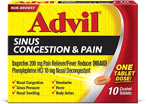 Advil Sinus Congestion and Pain Relief, Ibuprofen and Phenylephrine - 10 Tablets