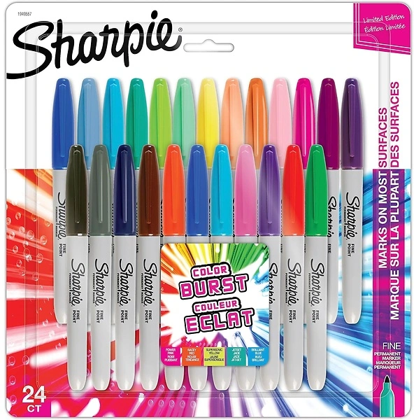 Sharpie Color Burst Permanent Markers, Fine Point, Assorted, 24 Pack