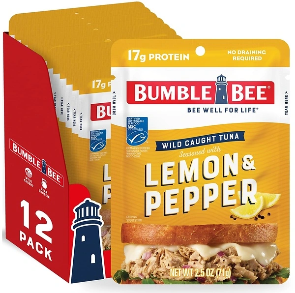 Bumble Bee Lemon & Pepper Seasoned Tuna, 2.5 oz Pouches, 12 Pack - 17g Protein